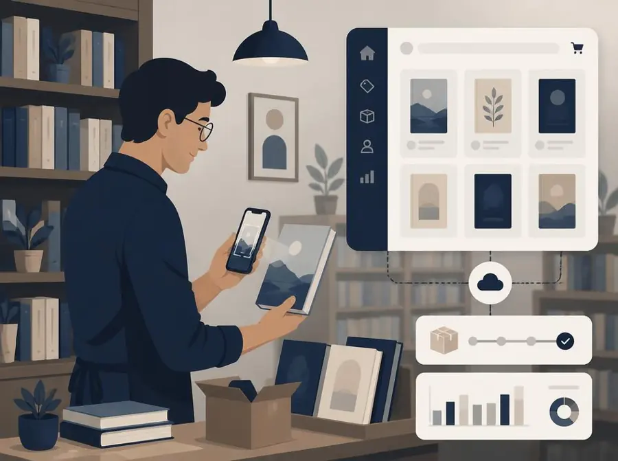 Dueño de librería fotografiando libros para publicarlos automáticamente en una plataforma de e-commerce
