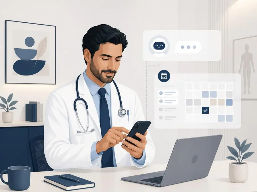 Médico usando un asistente de IA en su teléfono para gestionar turnos
