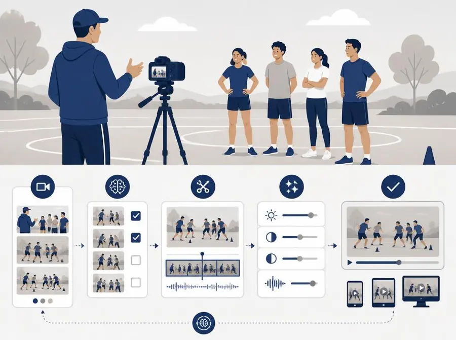 Instructor deportivo grabando una clase y enviando videos a un pipeline de edición con IA